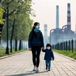 **

A family-friendly scene depicting a mother and child wearing KF80 masks, walking in a park with slightly hazy air due to PM2.5. The background shows a cityscape with factory chimneys subtly visible in the distance. Focus on health awareness and preventative measures. Fully clothed, safe for work, appropriate content, perfect anatomy, natural proportions, professional.

**