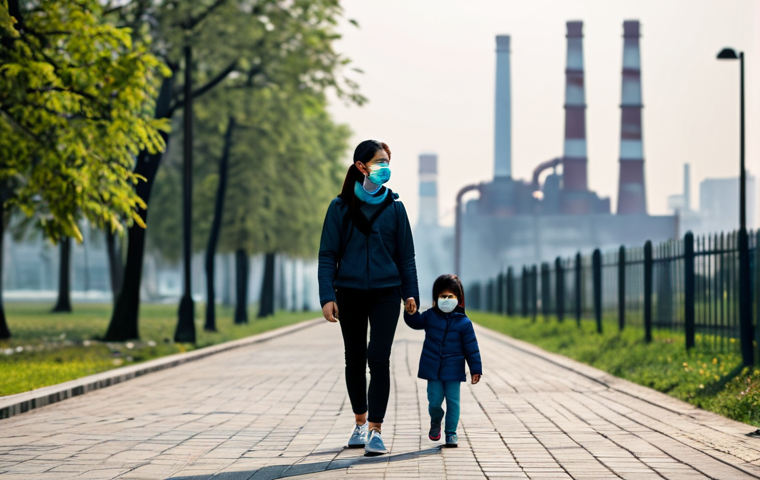 **

A family-friendly scene depicting a mother and child wearing KF80 masks, walking in a park with slightly hazy air due to PM2.5. The background shows a cityscape with factory chimneys subtly visible in the distance. Focus on health awareness and preventative measures. Fully clothed, safe for work, appropriate content, perfect anatomy, natural proportions, professional.

**